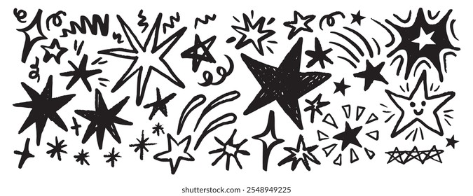 Estrelas grunge escova mão desenhado conjunto de doodle. Estrelas de traços rudimentares. Grunge rabisca, rabiscos e estrelas de desenho à mão livre a carvão. Ilustração vetorial