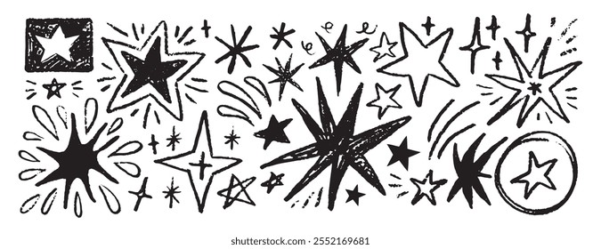 Estrelas grunge escova mão desenhado conjunto de doodle. Estrelas de traços rudimentares. Grunge rabisca, rabiscos e estrelas de desenho à mão livre a carvão. Ilustração vetorial