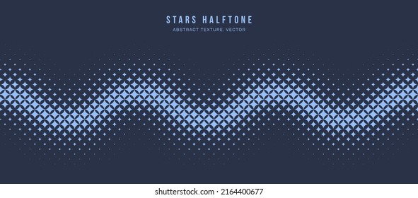 Sterne Halftone Geometrisches, nahtloses Muster, Vektorgrafik der Seavy Line, Marsch blauer abstrakter Hintergrund. Schachte verblichene Partikel Wellenform Form subtile Textur. Halbtonkontrast-Bildschirmhintergrund