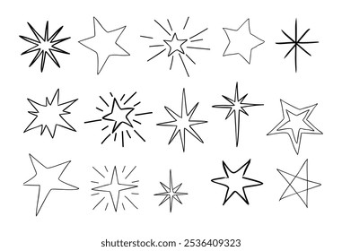 Stars hand drawn icons set. Collection of doodle Ink sketch style black and white drawings. Vector illustrations clipart isolated on white background.