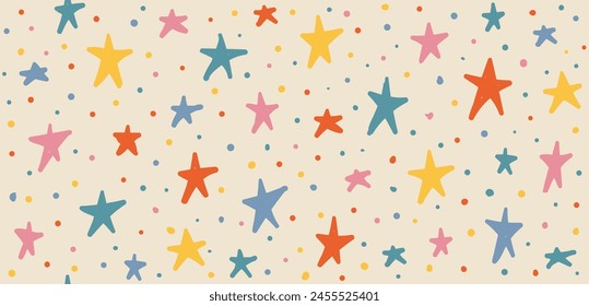 Stars hand drawn Y2K naive seamless pattern. Vector colorful doodle funny confetti background in 70s groovy style