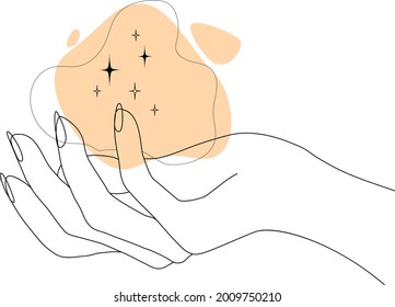 Stars in the hand outline symbol. Esoteric line art mystical hand with abstract shape. Hand drawn magic element. Vector illustration on white background 