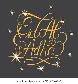 Stars with hand sketched text "Eid Al Adha" for muslim community festival celebrations. Lettering for arabic, islamic traditional celebration.