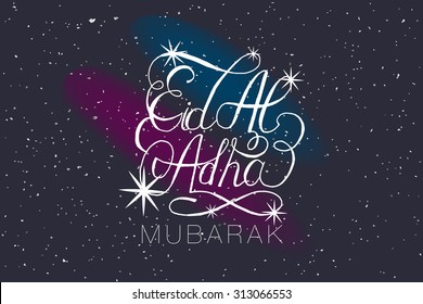 Stars with hand sketched text "Eid Al Adha" for muslim community festival celebrations. Lettering for arabic, islamic traditional celebration.