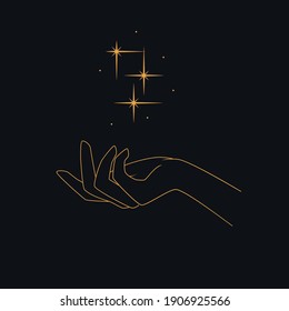 Las estrellas en las manos - concepto de magia. Ilustración del vector sobre fondo oscuro