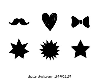 Stars, heart, mustache, icons set, various black isolated shapes, vector illustration.