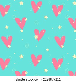 Stars and heart pattern, Love, passion,  Valentines Day, Shiny gold stars and pink hearts on blue background. 