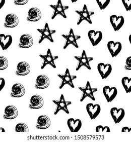 Stars, hearts, circle ink brush strokes seamless pattern. Vector wallpaper.