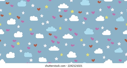 Stars and hearts in the clouds, seamless pattern. Wallpaper vector with clouds, cute and casual. Print and seamless pattern. Seamless pattern with clowds.