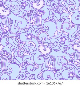 stars and hearts doodle seamless pattern. Blue and white