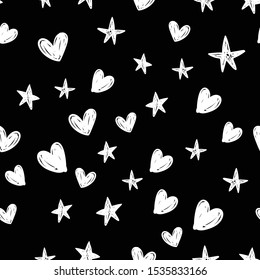 Stars and hearts doodles seamless pattern. Hand drawn texture background.
