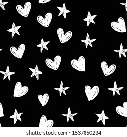 Stars and hearts doodles seamless pattern. Hand drawn texture background.