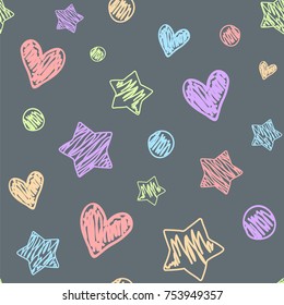 Stars, hearts and dots. Seamless vector pattern  in kids doodles style.