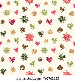 Stars, hearts and dots.Simple seamless vector pattern.