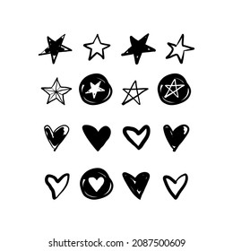 Stars and hearts hand drawn doodle set.