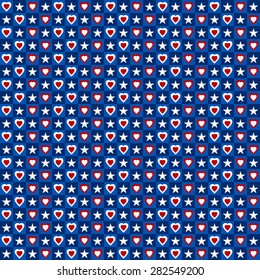 Stars and hearts patriotic seamless pattern in blue white and red. Independence Day vector background.