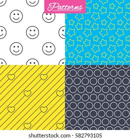 Stars, hearts and smile circles seamless textures. Linear geometric patterns. Modern textures. Abstract patterns with colored background. Vector