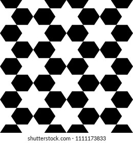 Stars, hexagons. Arabian tiles ornament. Oriental traditional ornamentation with repeated geometric shapes. Ancient mosaic wallpaper. Grid motif. Digital paper. Seamless surface pattern design. Vector