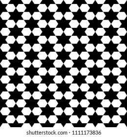 Stars, hexagons. Arabian tiles ornament. Oriental traditional ornamentation with repeated geometric shapes. Ancient mosaic wallpaper. Grid motif. Digital paper. Seamless surface pattern design. Vector
