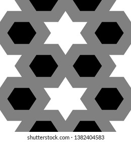 Stars, hexagons ornament. Seamless pattern. Ethnic backdrop. Hexagonal, star shapes wallpaper. Geometric background. Polygons motif. Digital paper, abstract. Vector