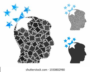 Stars hit head composition of rough pieces in different sizes and color hues, based on stars hit head icon. Vector irregular pieces are grouped into composition.