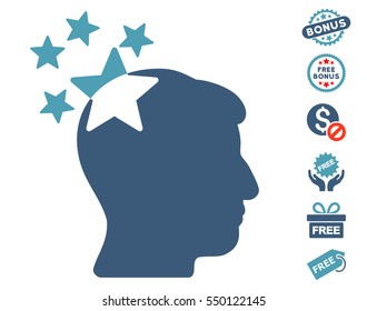 Stars Hit Head pictograph with free bonus images. Vector illustration style is flat iconic symbols, cyan and blue colors, white background.