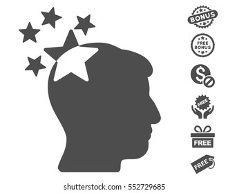 Stars Hit Head pictograph with free bonus pictures. Vector illustration style is flat iconic symbols, gray color, white background.