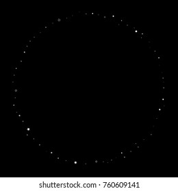 Stars, hoop, rings, circle confetti. Scattered little silver, glitter gray elements. Random stellar and circles falling on white background. New Year and Christmas background. Vector illustration.