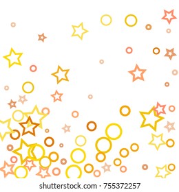 Stars, hoop and rings confetti. Scattered little gold, yellow, peach, orange elements. Random stellar and circles falling on white background. New Year and Christmas background. Vector illustration.