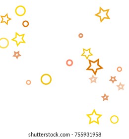 Stars, hoop and rings confetti. Scattered little gold, yellow, peach, orange elements. Random stellar and circles falling on white background. New Year and Christmas background. Vector illustration.