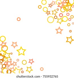 Stars, hoop and rings confetti. Scattered little gold, yellow, peach, orange elements. Random stellar and circles falling on white background. New Year and Christmas background. Vector illustration.