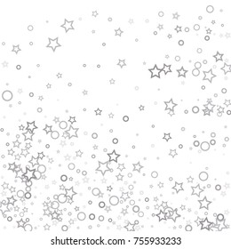 Stars, hoop and rings confetti. Scattered little silver, gray elements. Random stellar and circles falling on white background. New Year and Christmas background. Vector illustration.