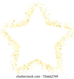 Stars, hoop and rings confetti. Scattered little gold, yellow, peach, orange elements. Random stellar and circles falling on white background. New Year and Christmas background. Vector illustration.