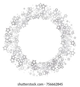 Stars, hoop and rings confetti. Scattered little silver, gray elements. Random stellar and circles falling on white background. New Year and Christmas background. Vector illustration.