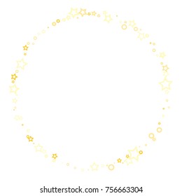 Stars, hoop and rings confetti. Scattered little gold, yellow, peach, orange elements. Random stellar and circles falling on white background. New Year and Christmas background. Vector illustration.