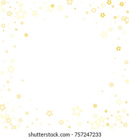 Stars, hoop and rings confetti. Scattered little gold, yellow, peach, orange elements. Random stellar and circles falling on white background. New Year and Christmas background. Vector illustration.