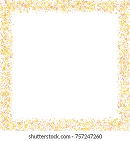 Stars, hoop and rings confetti. Scattered little gold, yellow, peach, orange elements. Random stellar and circles falling on white background. New Year and Christmas background. Vector illustration.