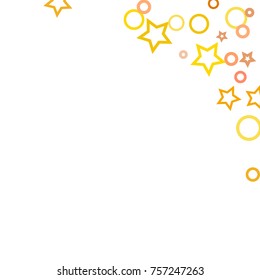 Stars, hoop and rings confetti. Scattered little gold, yellow, peach, orange elements. Random stellar and circles falling on white background. New Year and Christmas background. Vector illustration.
