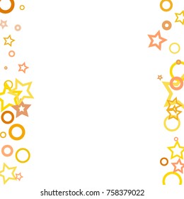 Stars, hoop and rings confetti. Scattered little gold, yellow, peach, orange elements. Random stellar and circles falling on white background. New Year and Christmas background. Vector illustration.