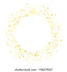 Stars, hoop and rings confetti. Scattered little gold, yellow, peach, orange elements. Random stellar and circles falling on white background. New Year and Christmas background. Vector illustration.