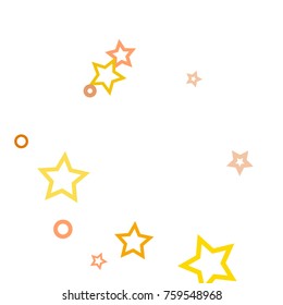 Stars, hoop and rings confetti. Scattered little gold, yellow, peach, orange elements. Random stellar and circles falling on white background. New Year and Christmas background. Vector illustration.