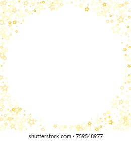 Stars, hoop and rings confetti. Scattered little gold, yellow, peach, orange elements. Random stellar and circles falling on white background. New Year and Christmas background. Vector illustration.