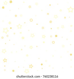 Stars, hoop and rings confetti. Scattered little gold, yellow, peach, orange elements. Random stellar and circles falling on white background. New Year and Christmas background. Vector illustration.