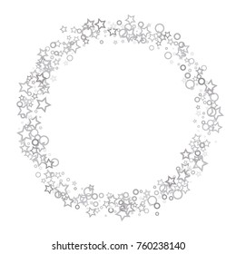 Stars, hoop and rings confetti. Scattered little silver, gray elements. Random stellar and circles falling on white background. New Year and Christmas background. Vector illustration.