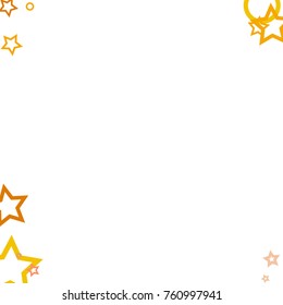 Stars, hoop and rings confetti. Scattered little gold, yellow, peach, orange elements. Random stellar and circles falling on white background. New Year and Christmas background. Vector illustration.