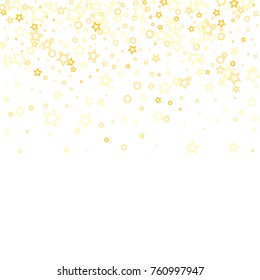 Stars, hoop and rings confetti. Scattered little gold, yellow, peach, orange elements. Random stellar and circles falling on white background. New Year and Christmas background. Vector illustration.