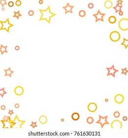 Stars, hoop and rings confetti. Scattered little gold, yellow, peach, orange elements. Random stellar and circles falling on white background. New Year and Christmas background. Vector illustration.