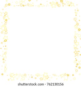 Stars, hoop and rings confetti. Scattered little gold, yellow, peach, orange elements. Random stellar and circles falling on white background. New Year and Christmas background. Vector illustration.