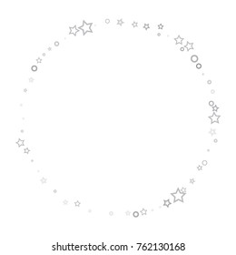 Stars, hoop and rings confetti. Scattered little silver, gray elements. Random stellar and circles falling on white background. New Year and Christmas background. Vector illustration.