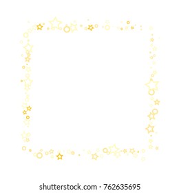 Stars, hoop and rings confetti. Scattered little gold, yellow, peach, orange elements. Random stellar and circles falling on white background. New Year and Christmas background. Vector illustration.